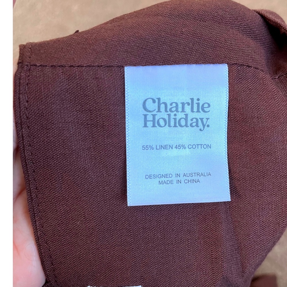 Charlie Holiday Diana Chocolate Brown Linen Blend Smocked Bow Crop Top S (4) NEW - Picture 8 of 10